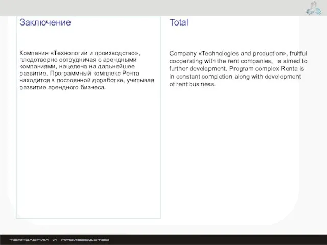 Заключение Компания «Технологии и производство», плодотворно сотрудничая с арендными компаниями, нацелена на