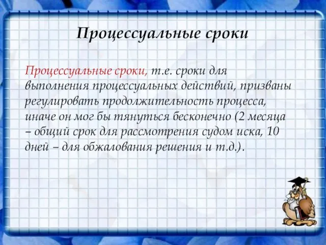 Процессуальные сроки Процессуальные сроки, т.е. сроки для выполнения процессуальных действий, призваны регулировать