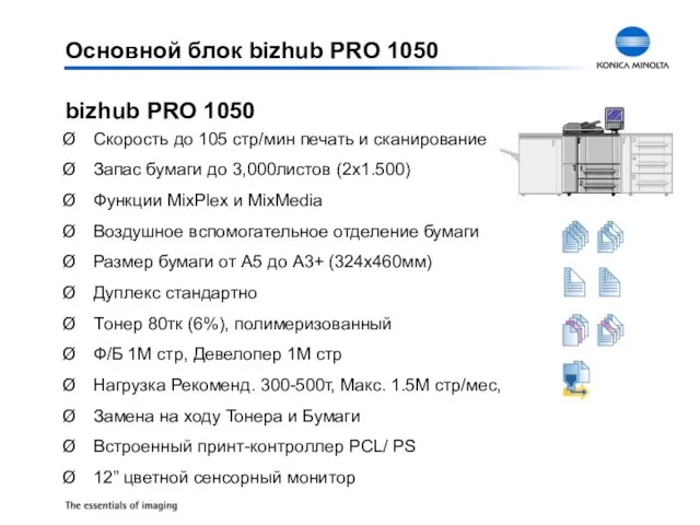 Основной блок bizhub PRO 1050 bizhub PRO 1050 Скорость до 105 стр/мин