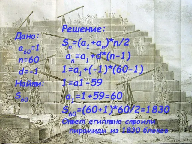 Дано: a60=1 n=60 d=-1 Найти: S60 Решение: Sn=(a1+an)*n/2 an=a1+d*(n-1) 1=a1+(-1)*(60-1) 1=a1-59 a1=1+59=60