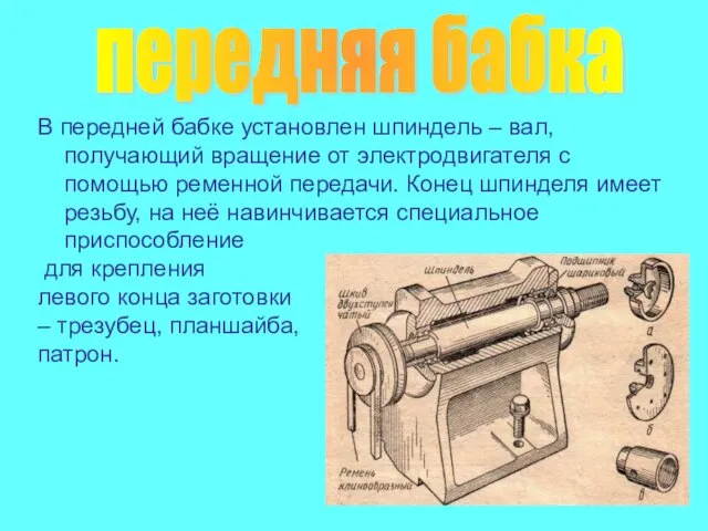В передней бабке установлен шпиндель – вал, получающий вращение от электродвигателя с