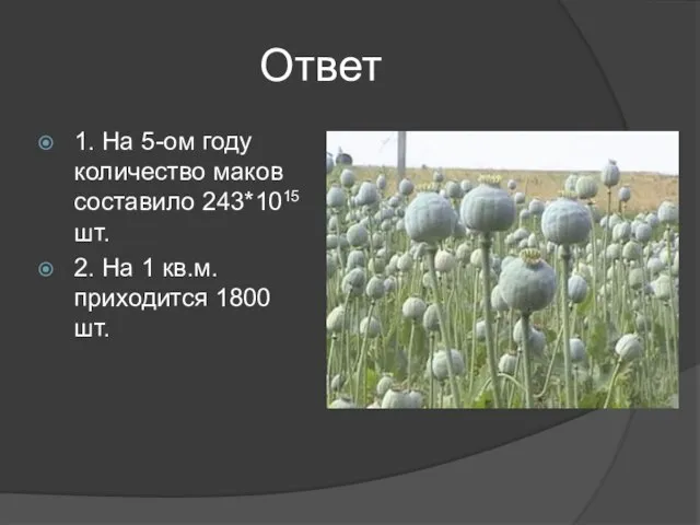 Ответ 1. На 5-ом году количество маков составило 243*1015 шт. 2. На