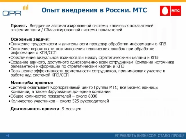 Проект. Внедрение автоматизированной системы ключевых показателей эффективности / Сбалансированной системы показателей Основные