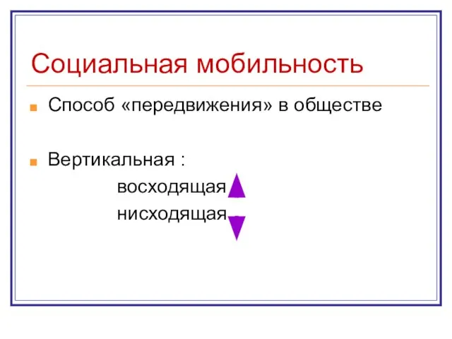 Социальная мобильность Способ «передвижения» в обществе Вертикальная : восходящая нисходящая