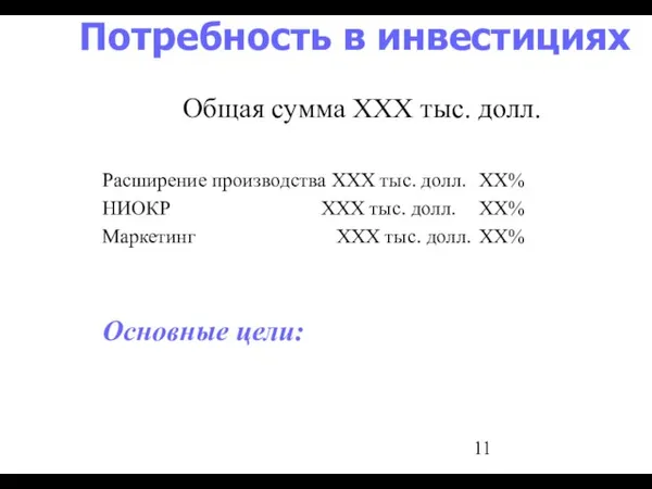 Потребность в инвестициях Основные цели: Общая сумма ХХХ тыс. долл. Расширение производства