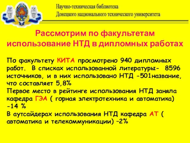 Рассмотрим по факультетам использование НТД в дипломных работах По факультету КИТА просмотрено