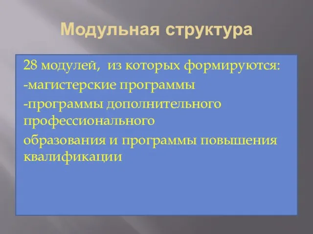 Модульная структура 28 модулей, из которых формируются: -магистерские программы -программы дополнительного профессионального