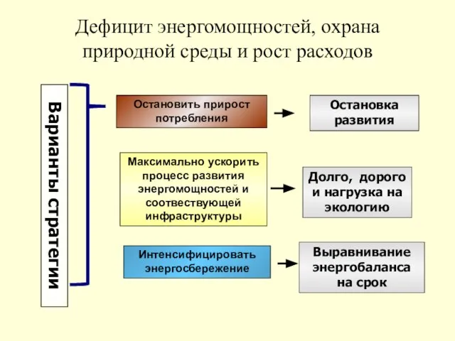 Остановить прирост потребления Максимально ускорить процесс развития энергомощностей и соотвествующей инфраструктуры Интенсифицировать