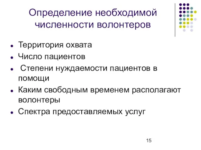 Определение необходимой численности волонтеров Территория охвата Число пациентов Степени нуждаемости пациентов в