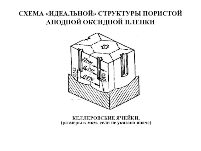 СХЕМА «ИДЕАЛЬНОЙ» СТРУКТУРЫ ПОРИСТОЙ АНОДНОЙ ОКСИДНОЙ ПЛЕНКИ КЕЛЛЕРОВСКИЕ ЯЧЕЙКИ, (размеры в мкм, если не указано иначе)