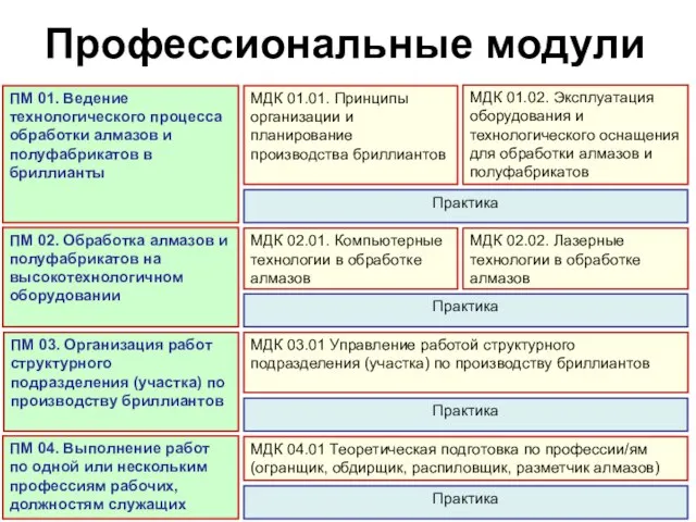 Профессиональные модули ПМ 01. Ведение технологического процесса обработки алмазов и полуфабрикатов в