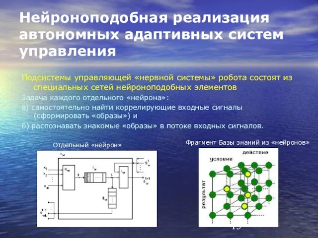 Нейроноподобная реализация автономных адаптивных систем управления Подсистемы управляющей «нервной системы» робота состоят