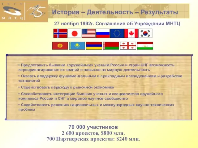 История – Деятельность – Результаты 27 ноября 1992г. Соглашение об Учреждении МНТЦ