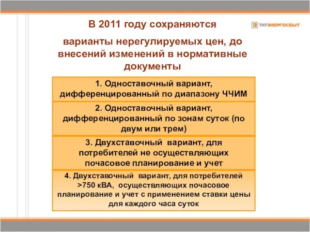 1. Одноставочный вариант, дифференцированный по диапазону ЧЧИМ В 2011 году сохраняются варианты