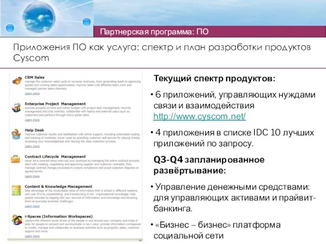 Приложения ПО как услуга: спектр и план разработки продуктов Cyscom Текущий спектр