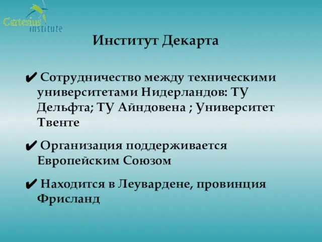 Институт Декарта Сотрудничество между техническими университетами Нидерландов: ТУ Дельфта; ТУ Айндовена ;