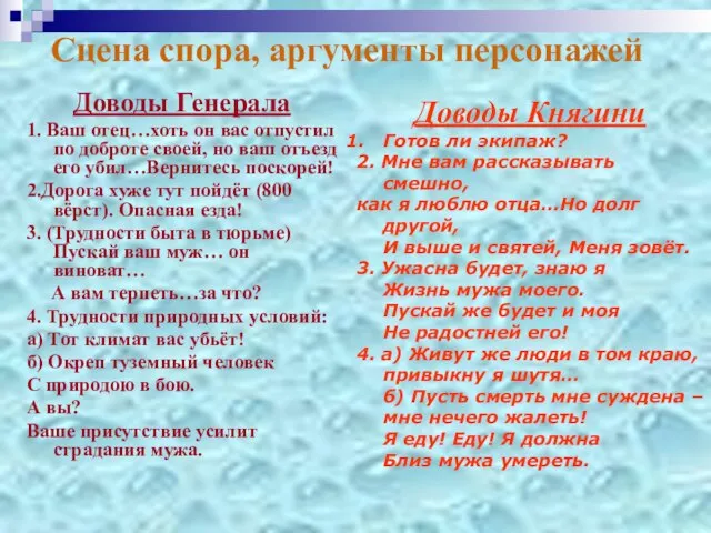 Сцена спора, аргументы персонажей Доводы Генерала 1. Ваш отец…хоть он вас отпустил