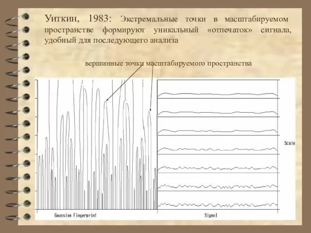 Уиткин, 1983: Экстремальные точки в масштабируемом пространстве формируют уникальный «отпечаток» сигнала, удобный