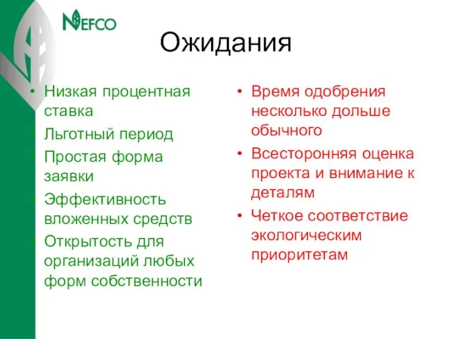 Ожидания Низкая процентная ставка Льготный период Простая форма заявки Эффективность вложенных средств