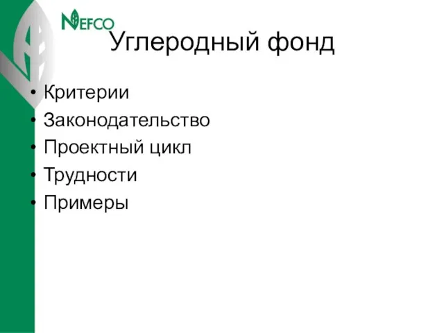 Углеродный фонд Критерии Законодательство Проектный цикл Трудности Примеры