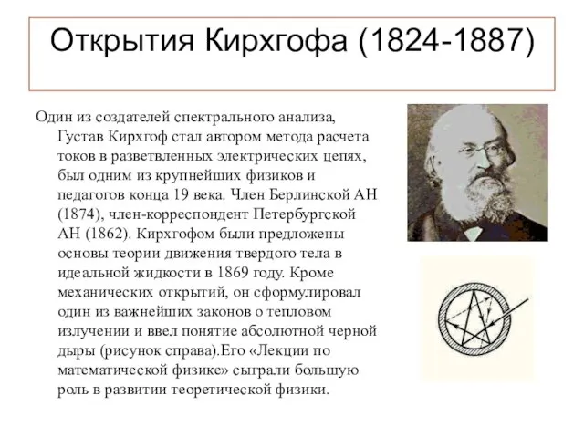 Открытия Кирхгофа (1824-1887) Один из создателей спектрального анализа, Густав Кирхгоф стал автором