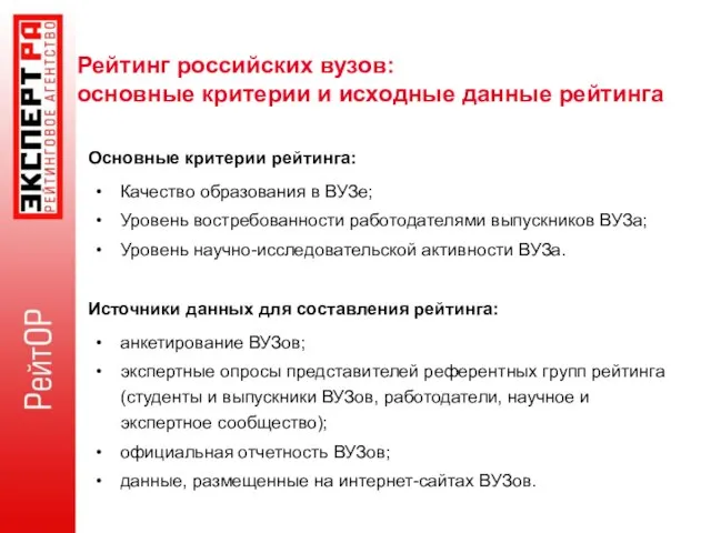 Рейтинг российских вузов: основные критерии и исходные данные рейтинга Качество образования в