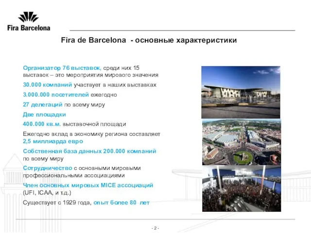 - - Fira de Barcelona - основные характеристики Организатор 76 выставок, среди