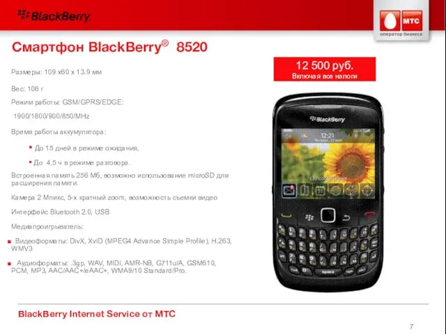 BlackBerry Internet Service от МТС Смартфон BlackBerry® 8520 Размеры: 109 x60 x