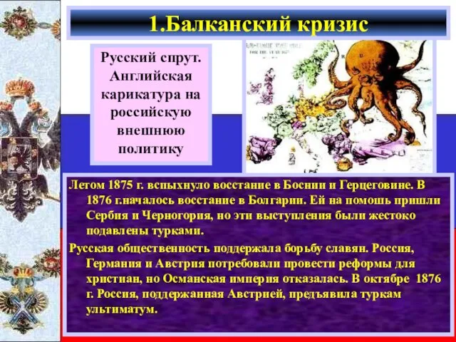 Летом 1875 г. вспыхнуло восстание в Боснии и Герцеговине. В 1876 г.началось