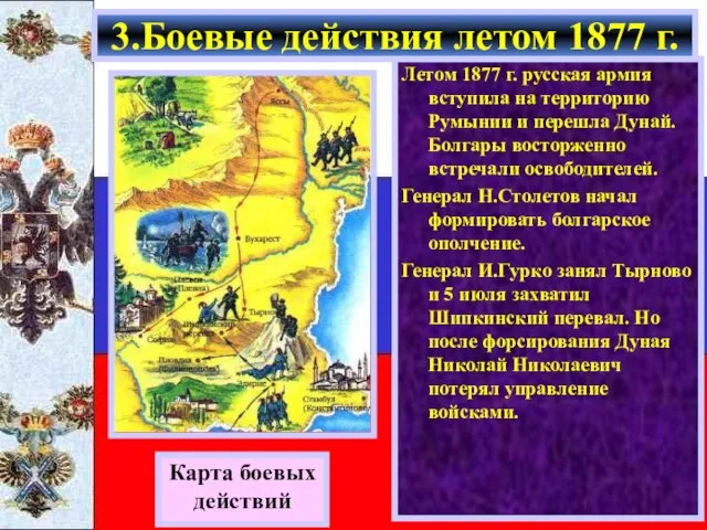 Карта боевых действий Летом 1877 г. русская армия вступила на территорию Румынии