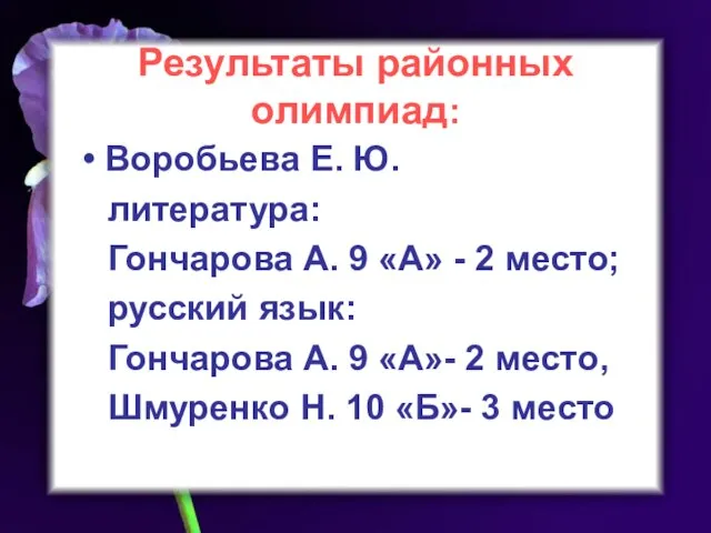 Результаты районных олимпиад: Воробьева Е. Ю. литература: Гончарова А. 9 «А» -