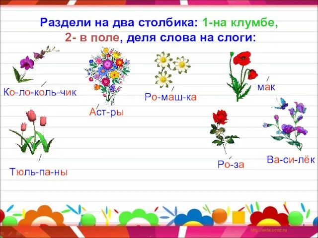 Раздели на два столбика: 1-на клумбе, 2- в поле, деля слова на