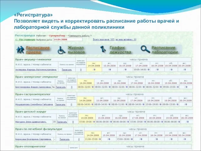 «Регистратура» Позволяет видеть и корректировать расписание работы врачей и лабораторной службы данной поликлиники