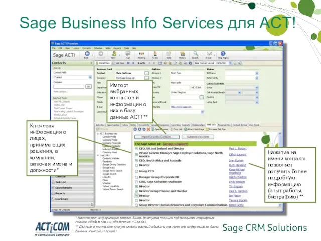 Sage Business Info Services для ACT! * Некоторая информация может быть доступна