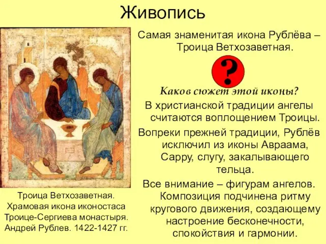 Живопись Самая знаменитая икона Рублёва – Троица Ветхозаветная. Каков сюжет этой иконы?