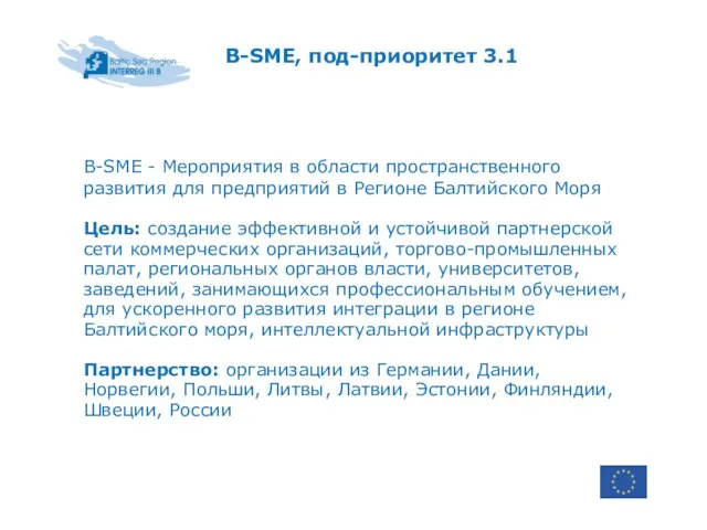 B-SME, под-приоритет 3.1 B-SME - Мероприятия в области пространственного развития для предприятий