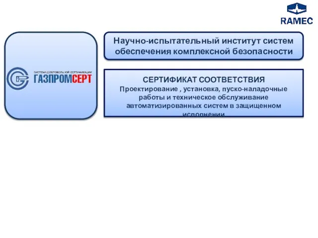 Научно-испытательный институт систем обеспечения комплексной безопасности СЕРТИФИКАТ СООТВЕТСТВИЯ Проектирование , установка, пуско-наладочные