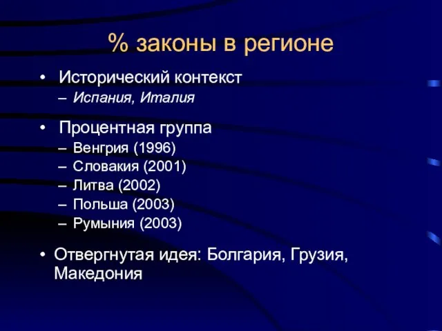 % законы в регионе Исторический контекст Испания, Италия Процентная группа Венгрия (1996)