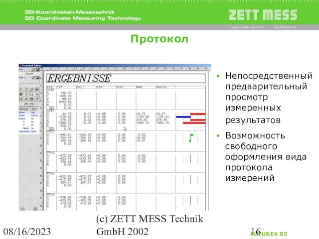 08/16/2023 (c) ZETT MESS Technik GmbH 2002 Протокол Непосредственный предварительный просмотр измеренных