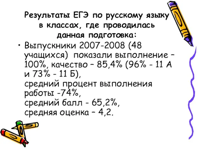 Результаты ЕГЭ по русскому языку в классах, где проводилась данная подготовка: Выпускники