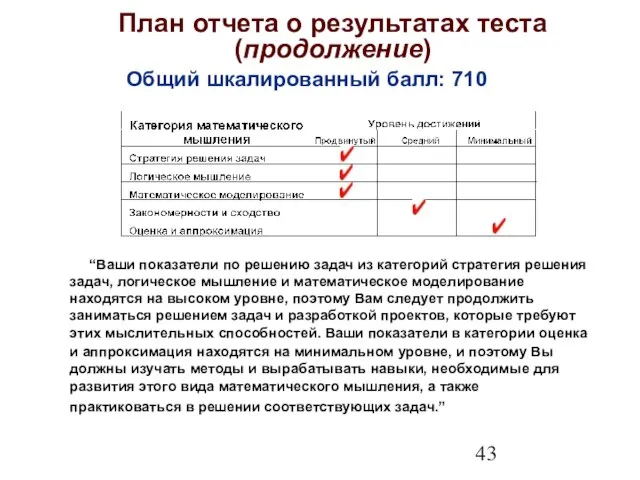 План отчета о результатах теста (продолжение) Общий шкалированный балл: 710 “Ваши показатели