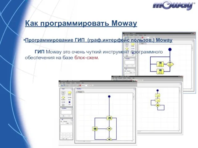 Как программировать Moway Программирование ГИП (граф.интерфейс пользов.) Moway ГИП Moway это очень