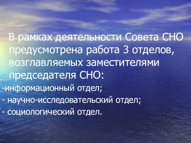 В рамках деятельности Совета СНО предусмотрена работа 3 отделов, возглавляемых заместителями председателя