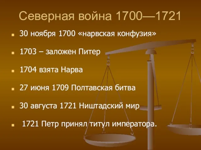 Северная война 1700—1721 30 ноября 1700 «нарвская конфузия» 1703 – заложен Питер