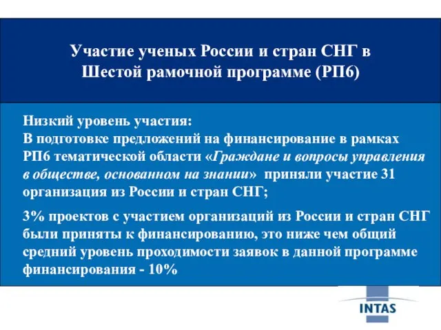 Участие ученых России и стран СНГ в Шестой рамочной программе (РП6) Участие