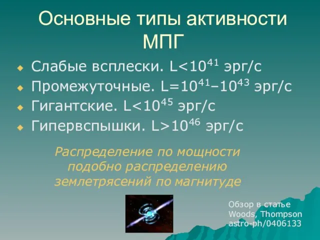 Основные типы активности МПГ Слабые всплески. L Промежуточные. L=1041–1043 эрг/с Гигантские. L