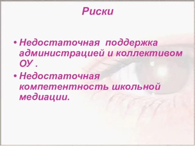 Риски Недостаточная поддержка администрацией и коллективом ОУ . Недостаточная компетентность школьной медиации.