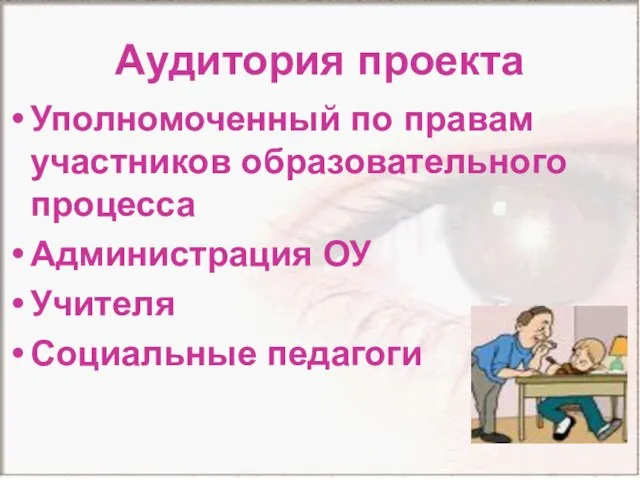 Аудитория проекта Уполномоченный по правам участников образовательного процесса Администрация ОУ Учителя Социальные педагоги