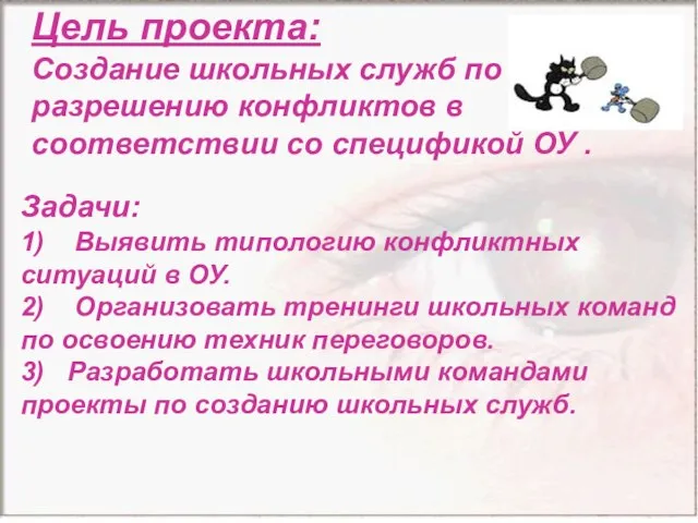 Цель проекта: Создание школьных служб по разрешению конфликтов в соответствии со спецификой