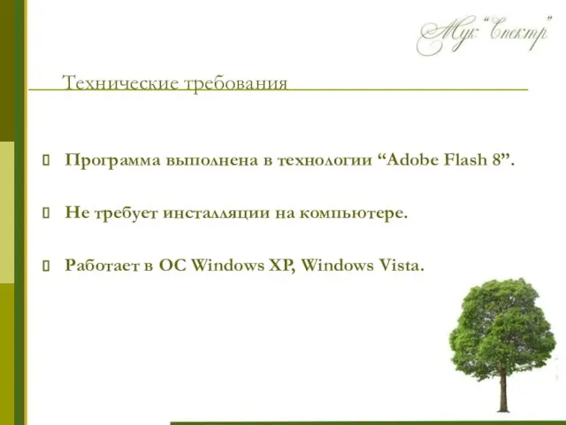 Технические требования Программа выполнена в технологии “Adobe Flash 8”. Не требует инсталляции
